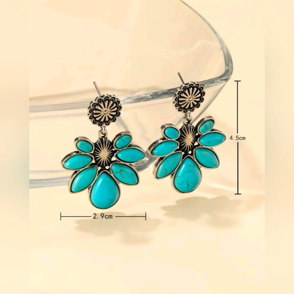 Western Faux Turquoise Silver Drop Earrings